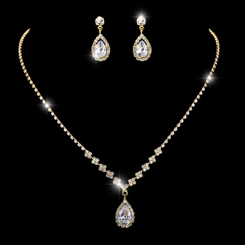 Brilliant Full Diamond Zircon Water Drop Necklace Eardrop Jewelry Set - Image 8