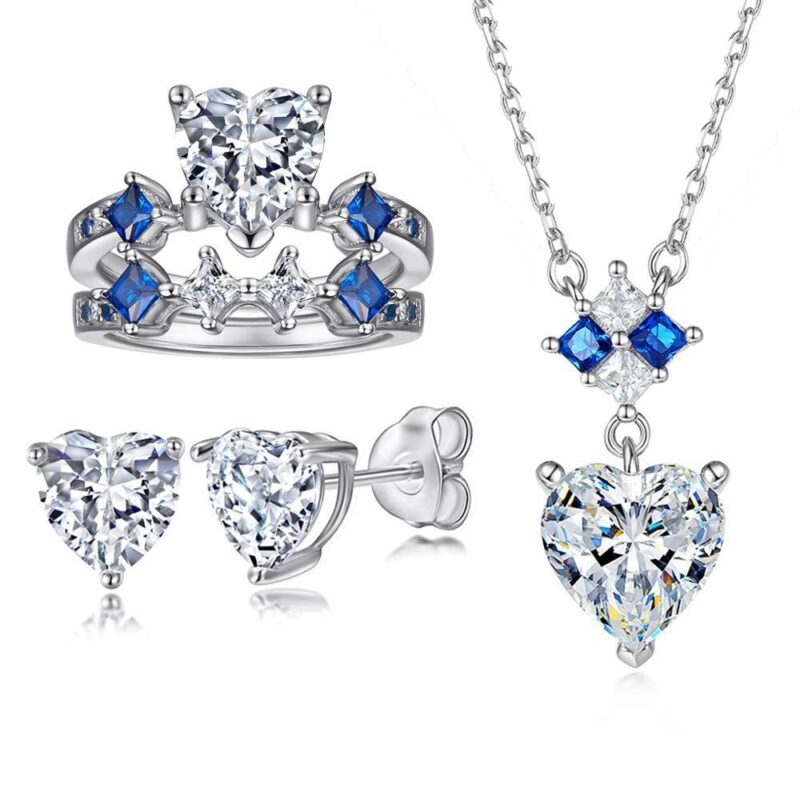 Heart-shaped Jewelry Set Sapphire Zircon Ring Set Ear Stud Necklace Three-piece Set - Image 9