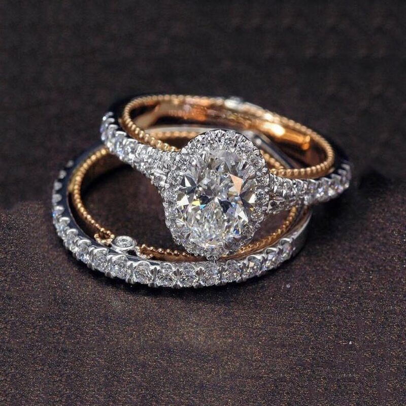 Genuine 925 Sterling Silver Rings Set Luxury Oval White Sapphire Two Tone 14K Solid Rose Gold Diamond