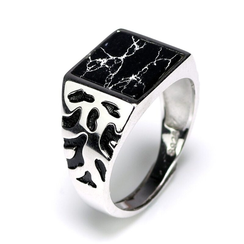 925 Sterling Silver Vintage Men's Rings Adjustable Square Black Stone