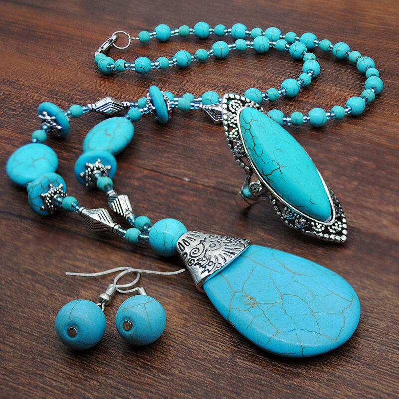 Retro Turquoise Jewelry Ethnic Style Necklace Earrings Ring Bracelet Combination Set - Image 5