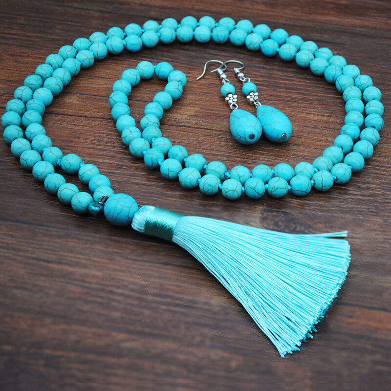 Retro Turquoise Jewelry Ethnic Style Necklace Earrings Ring Bracelet Combination Set - Image 9