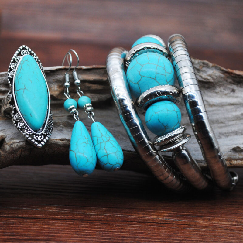 Retro Turquoise Jewelry Ethnic Style Necklace Earrings Ring Bracelet Combination Set - Image 2