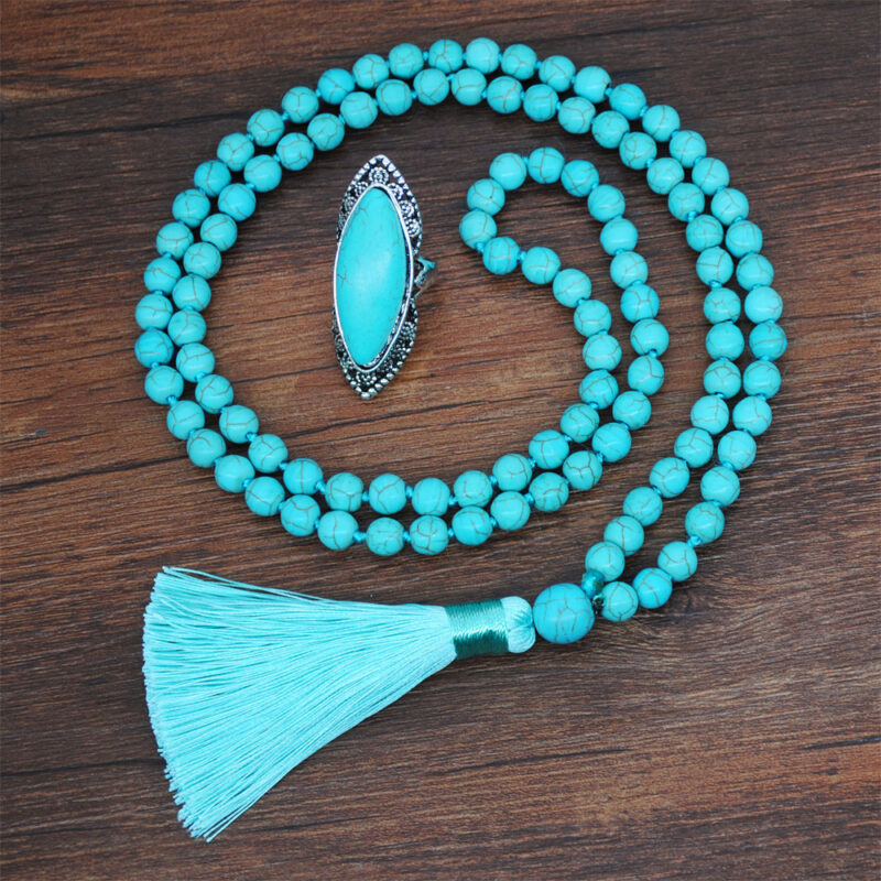 Retro Turquoise Jewelry Ethnic Style Necklace Earrings Ring Bracelet Combination Set - Image 7