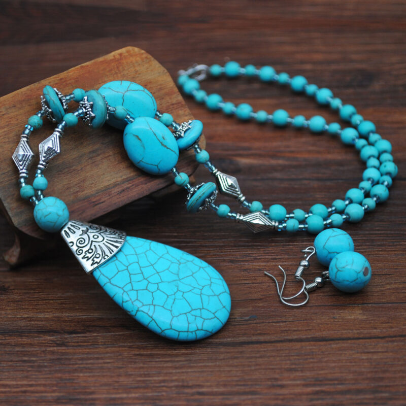 Retro Turquoise Jewelry Ethnic Style Necklace Earrings Ring Bracelet Combination Set - Image 10