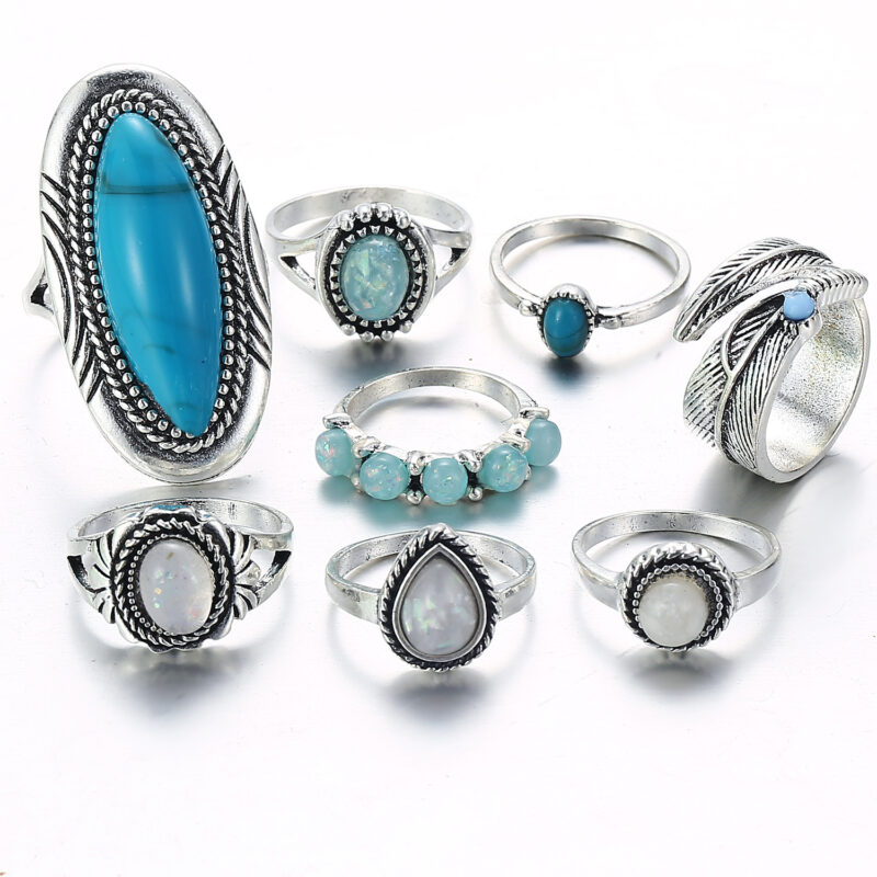 Opal Ring Set Turquoise Eight Piece Jewelry - Image 2