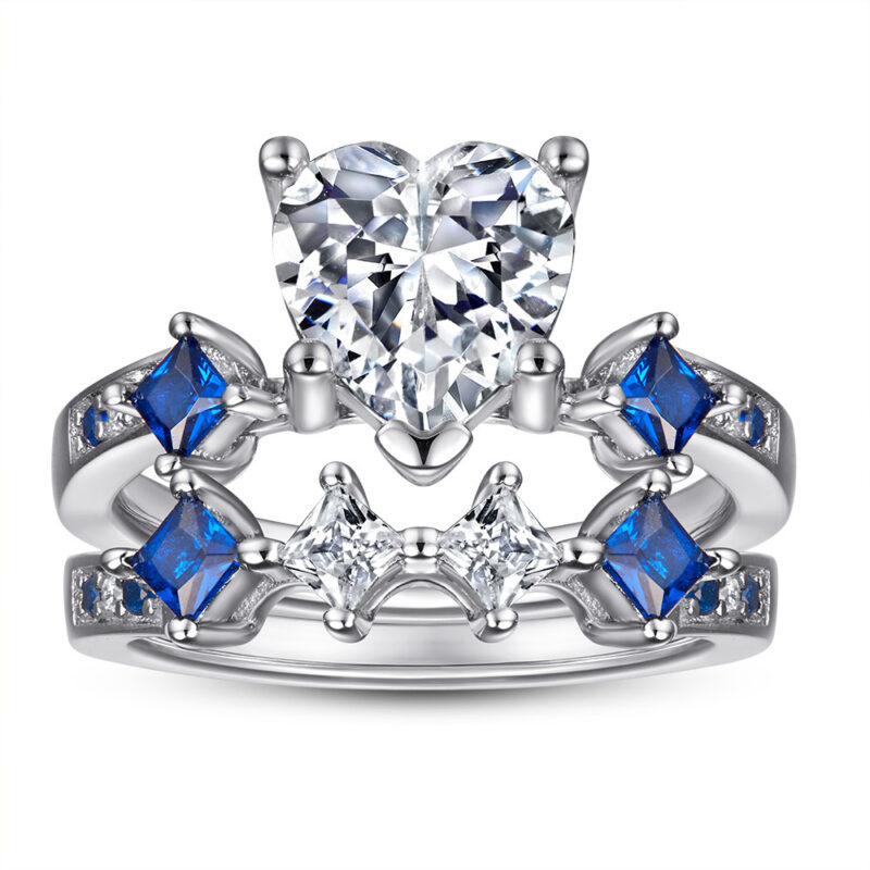 Heart-shaped Jewelry Set Sapphire Zircon Ring Set Ear Stud Necklace Three-piece Set - Image 10