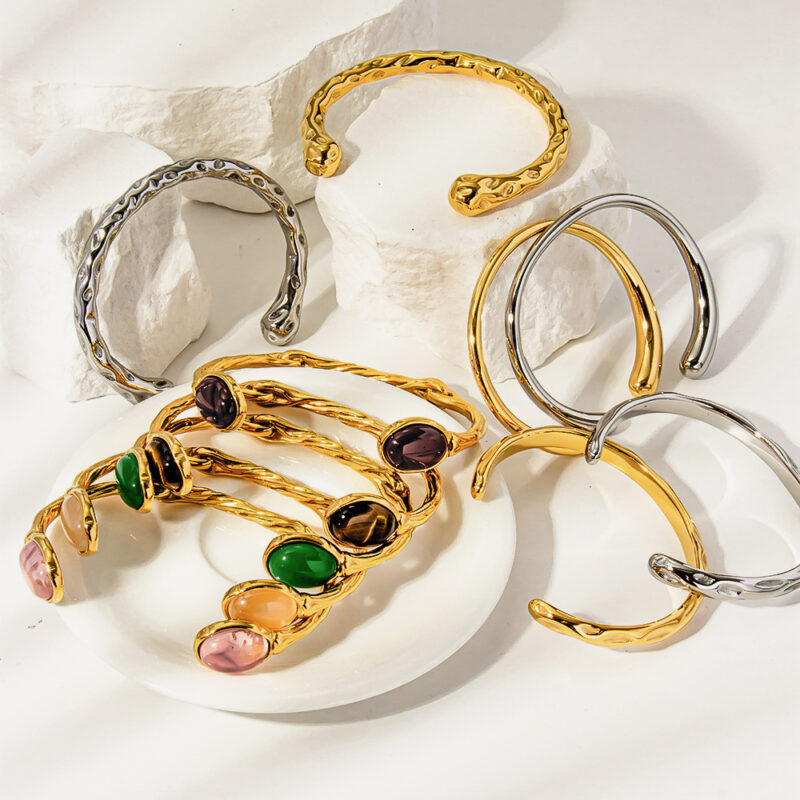 Retro Titanium Steel Plated 18K Bilateral Oval Color Natural Stone Adjustable Bracelet - Image 10