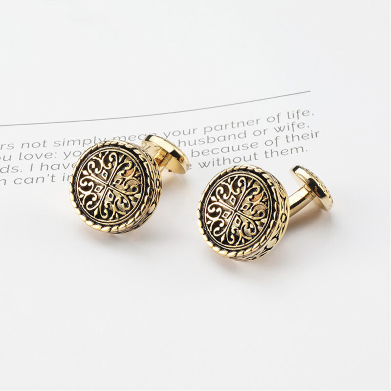 French Black Glue Drop Round Electroplated Gold Cufflinks - Image 4