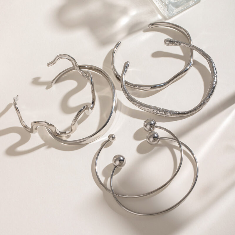 Stainless Steel Irregular Texture Spherical Open-ended Bracelet - Image 6