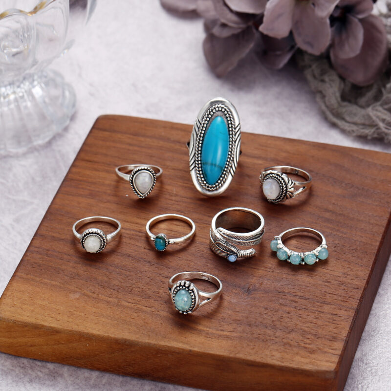 Opal Ring Set Turquoise Eight Piece Jewelry - Image 4