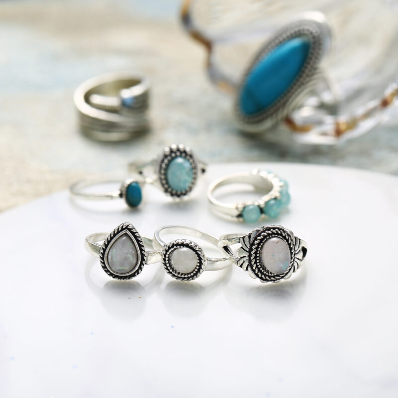 Opal Ring Set Turquoise Eight Piece Jewelry - Image 5
