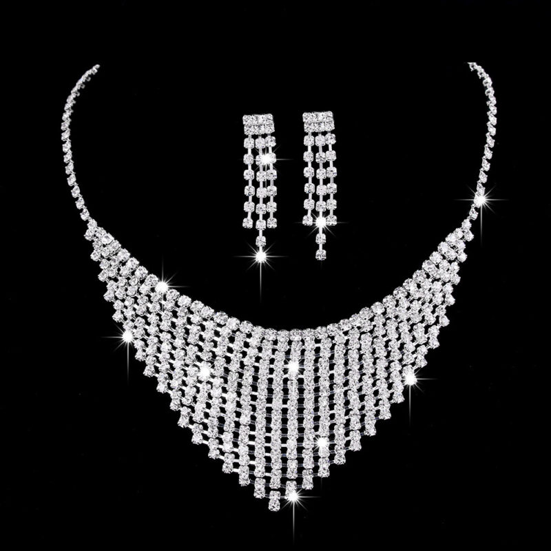 Brilliant Full Diamond Zircon Water Drop Necklace Eardrop Jewelry Set - Image 2