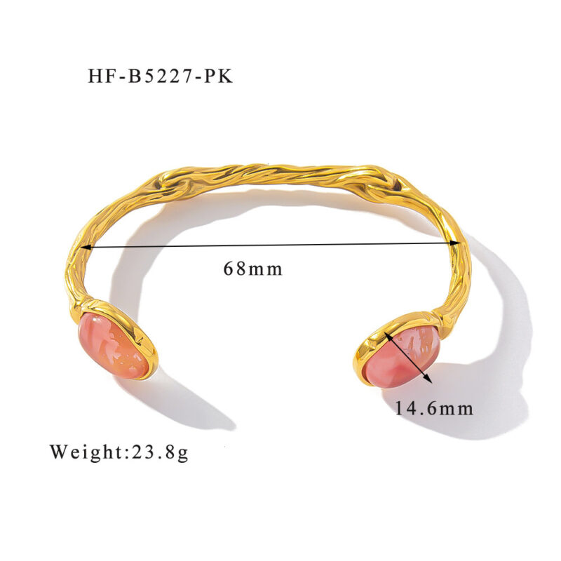 Retro Titanium Steel Plated 18K Bilateral Oval Color Natural Stone Adjustable Bracelet - Image 5