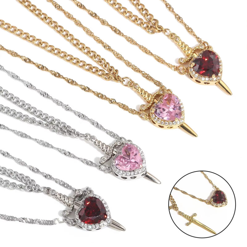 New Heart And Sword Necklace Set Gold Color Stainless Steel Crystal Couple Necklaces