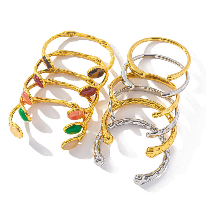 Retro Titanium Steel Plated 18K Bilateral Oval Color Natural Stone Adjustable Bracelet - Image 2