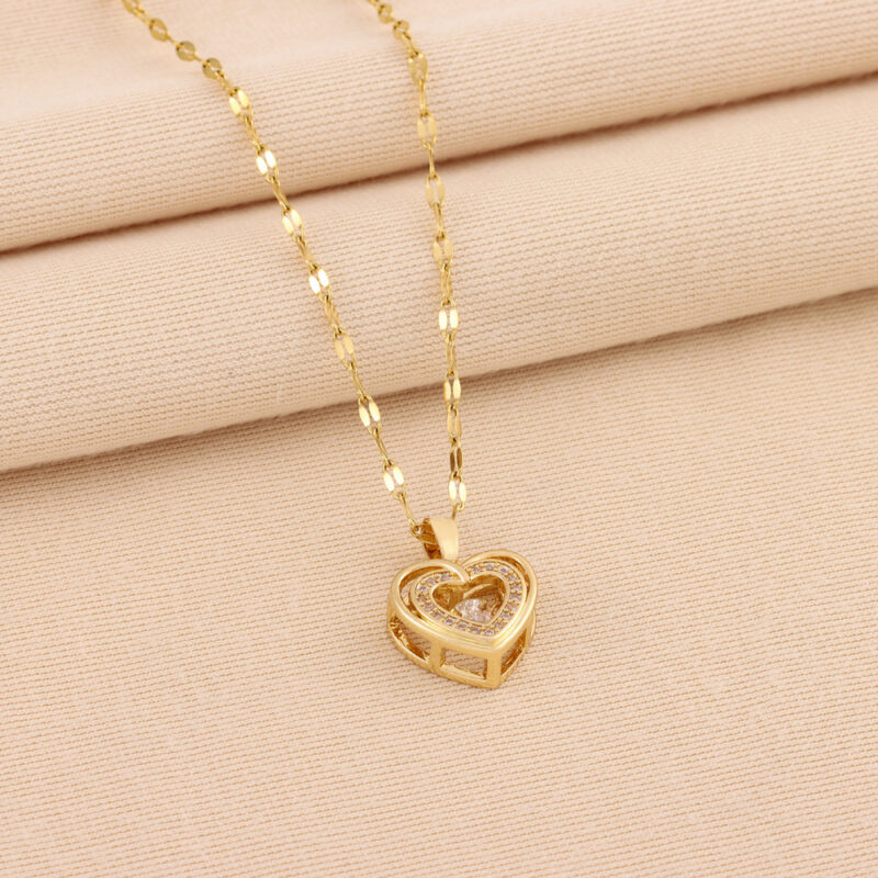 Double-layer Love Necklace With Rhinestones Titanium Steel Pendant - Image 3