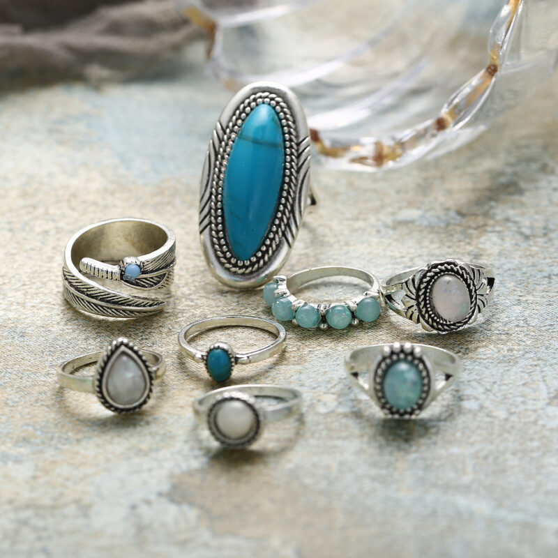 Opal Ring Set Turquoise Eight Piece Jewelry - Image 3