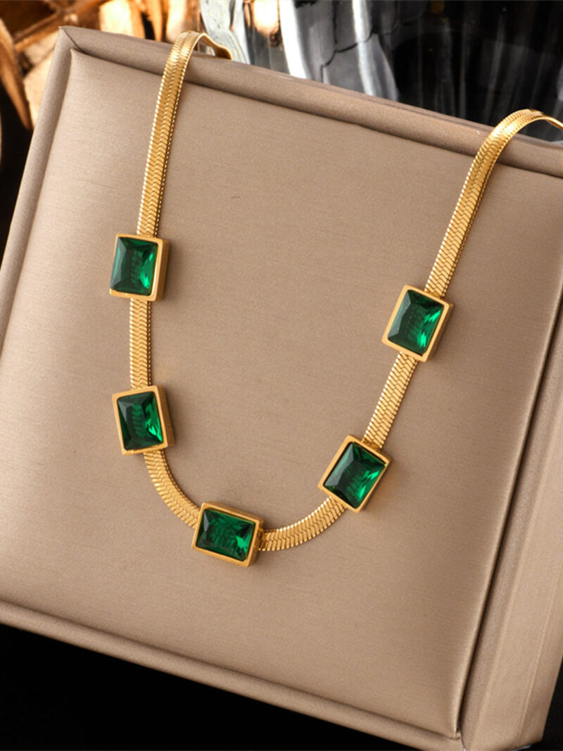 Simple Square Green Zircon Titanium Steel Necklace And Bracelet Suit Combination - Image 6