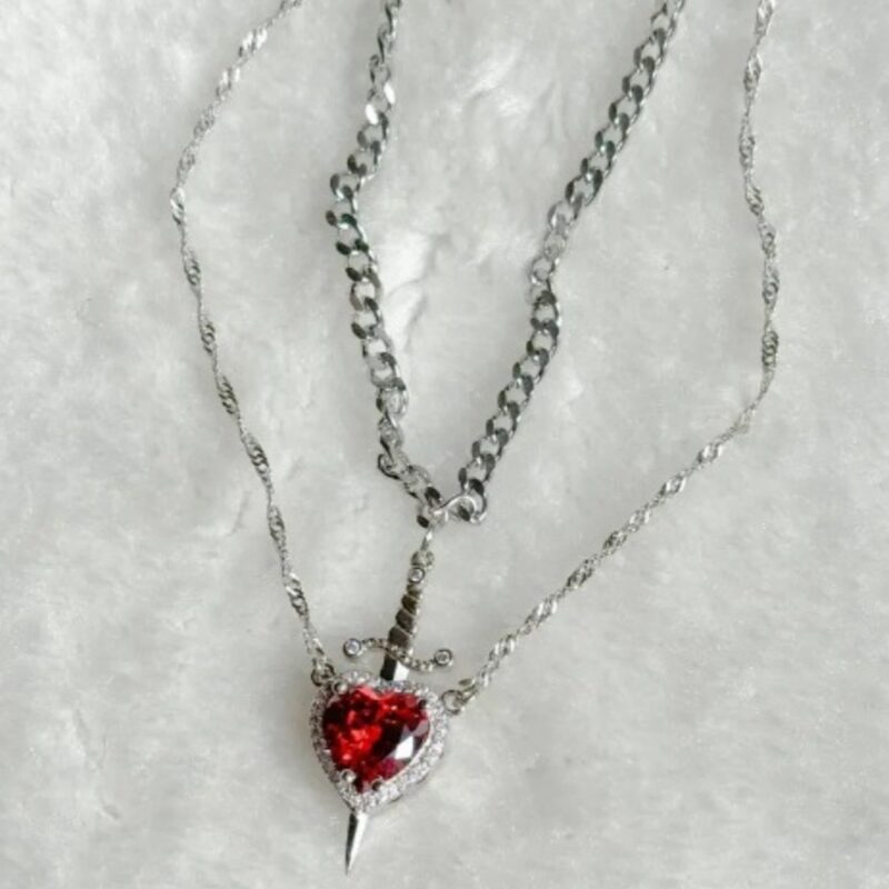 New Heart And Sword Necklace Set Gold Color Stainless Steel Crystal Couple Necklaces - Image 2