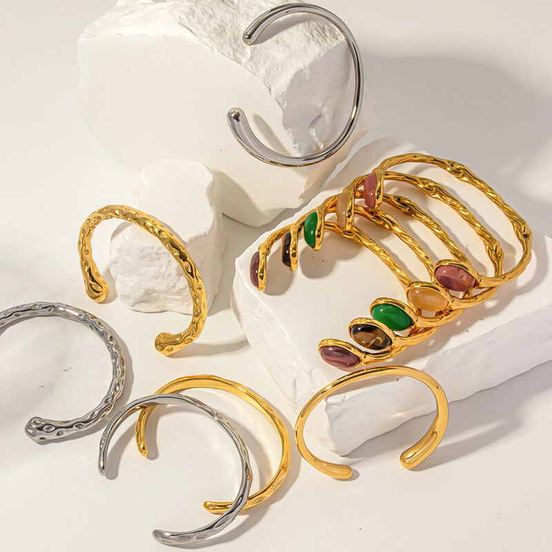 Retro Titanium Steel Plated 18K Bilateral Oval Color Natural Stone Adjustable Bracelet - Image 8