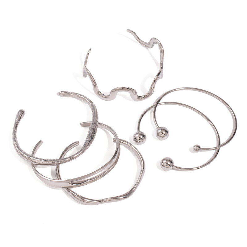 Stainless Steel Irregular Texture Spherical Open-ended Bracelet - Image 8