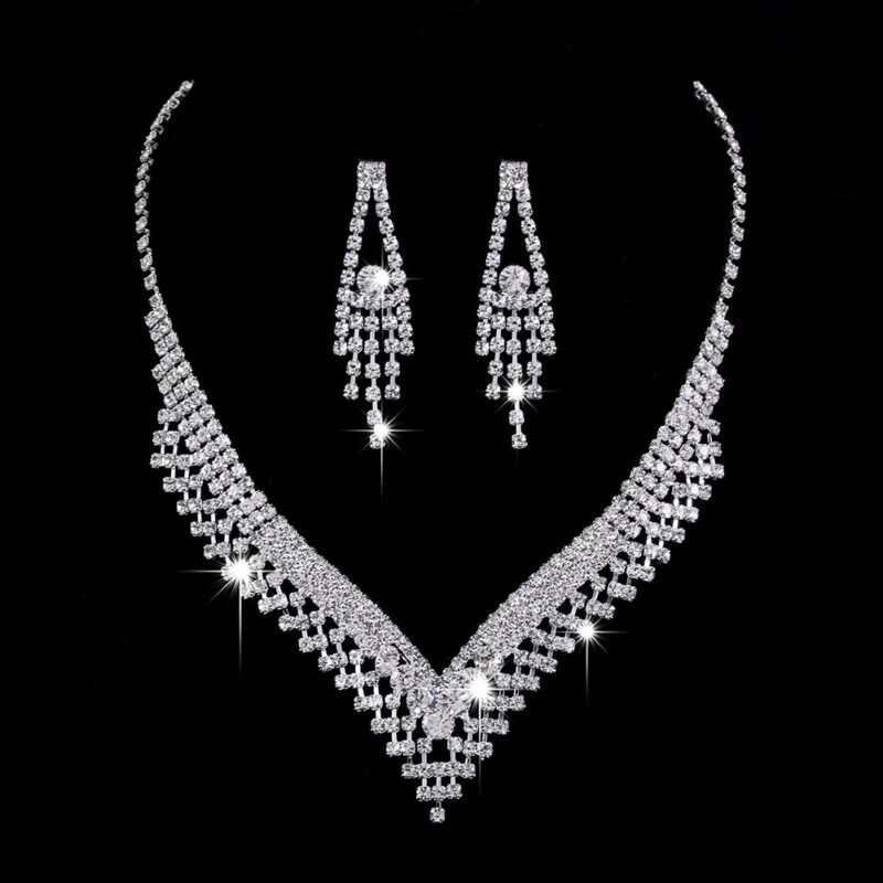 Brilliant Full Diamond Zircon Water Drop Necklace Eardrop Jewelry Set - Image 9