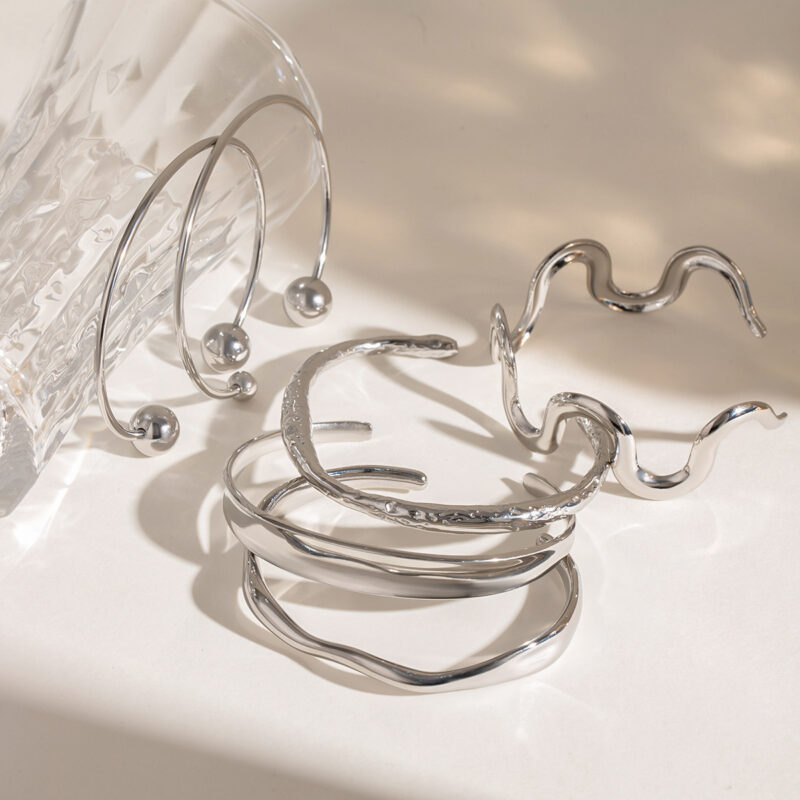 Stainless Steel Irregular Texture Spherical Open-ended Bracelet - Image 4