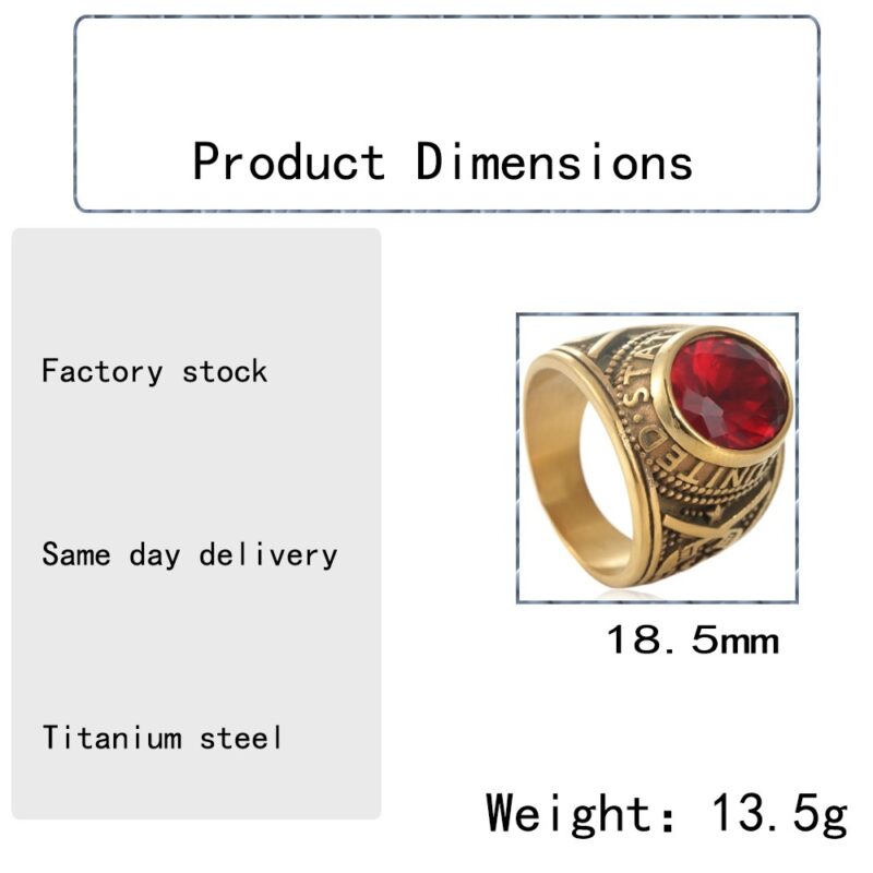 Stainless Steel Red Rhinestone American Army Men's Ring - Image 8