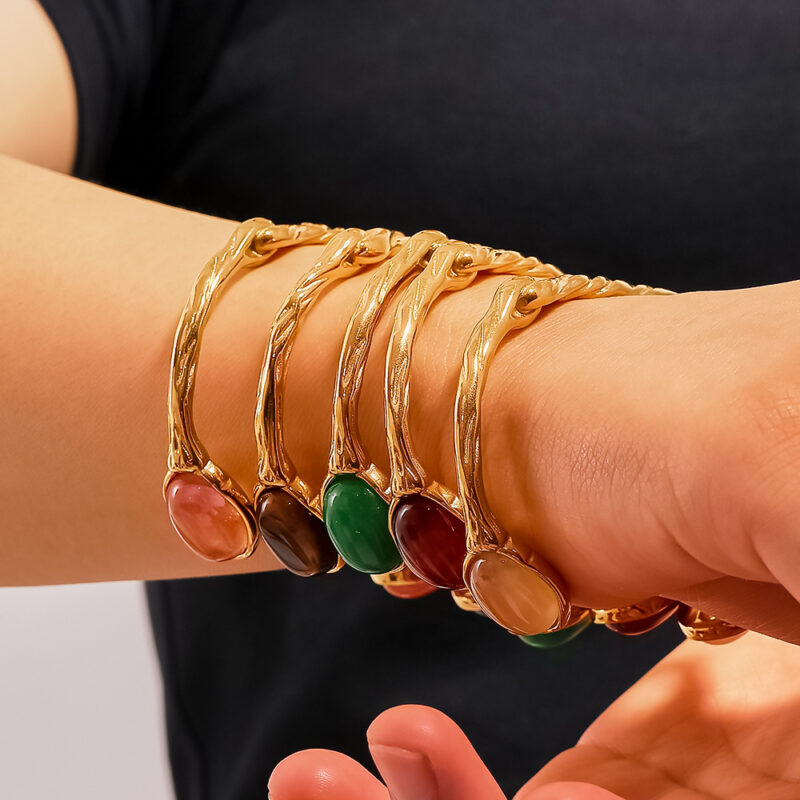 Retro Titanium Steel Plated 18K Bilateral Oval Color Natural Stone Adjustable Bracelet
